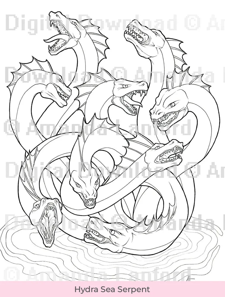 Line art of a multi-headed hydra dragon for coloring, marked 'Digital Download'.