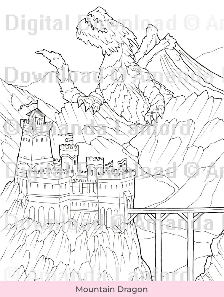 Line art of a dragon the size of a mountain with a castle in the foreground, marked 'Digital Download'.