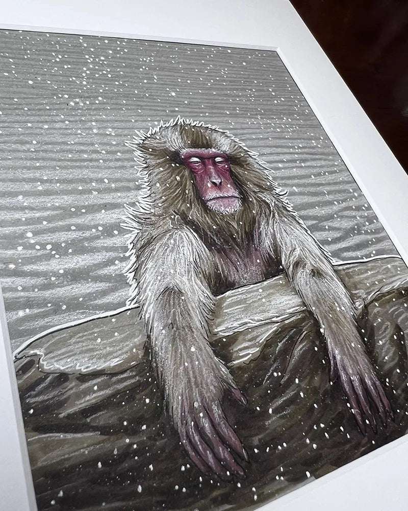 Illustration of a Snow Monkey in a hot spring, surrounded by falling snow, viewed at an angle