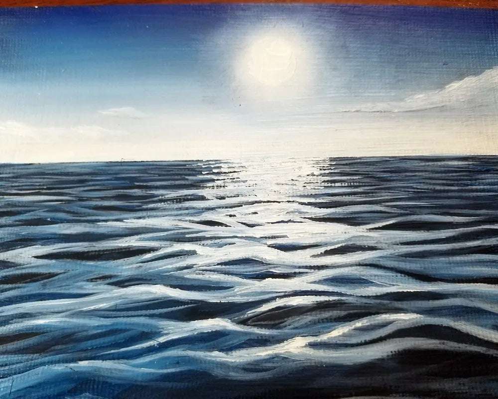 Tiny Seascape - Original Oil Painting by Amanda Lanford of a moonlit ocean with waves highlighted by moonlight under a dark blue sky.