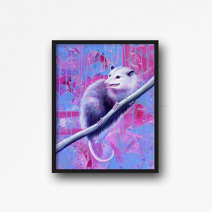Digital artwork of a stylized purple opossum perched on a metallic rod, set against a vivid, geometric abstract background.