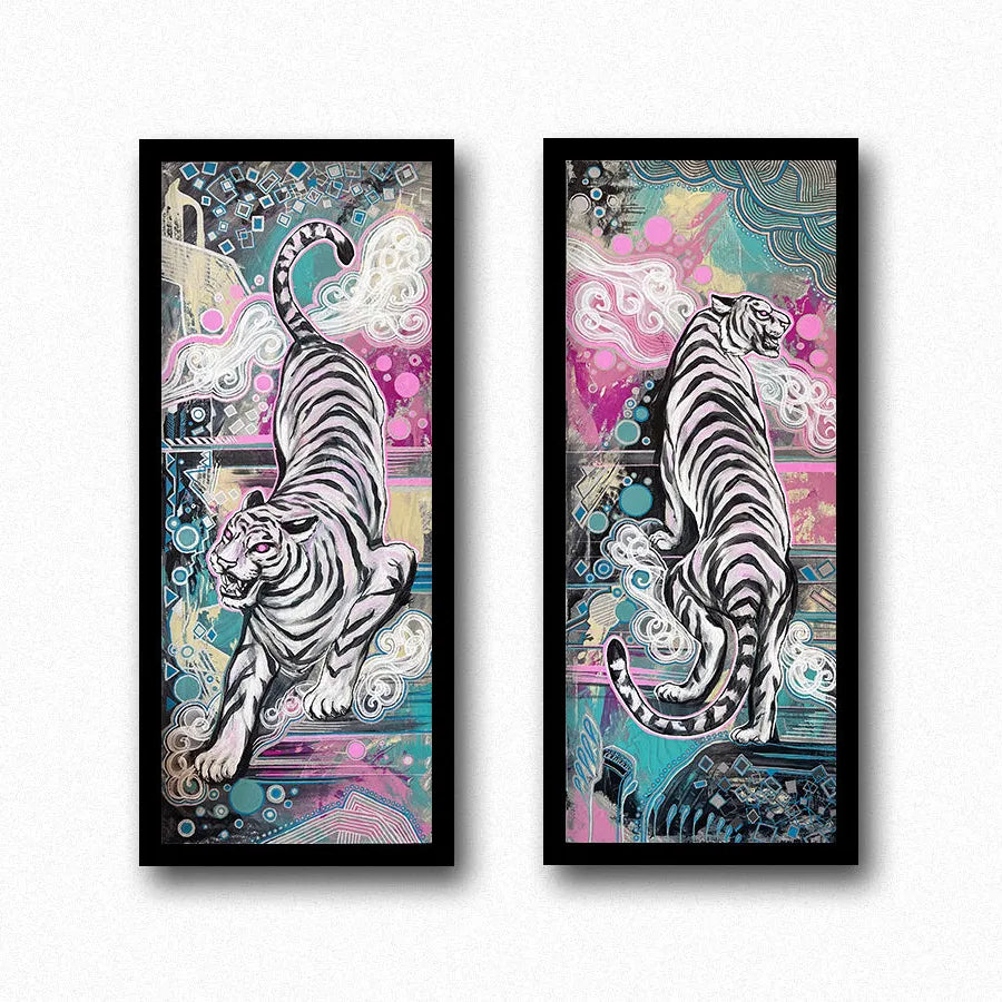 Two halves of the Year of the Tiger Pair - Original Paintings featuring stylized white tigers on abstract, colorful backgrounds, displayed side by side.