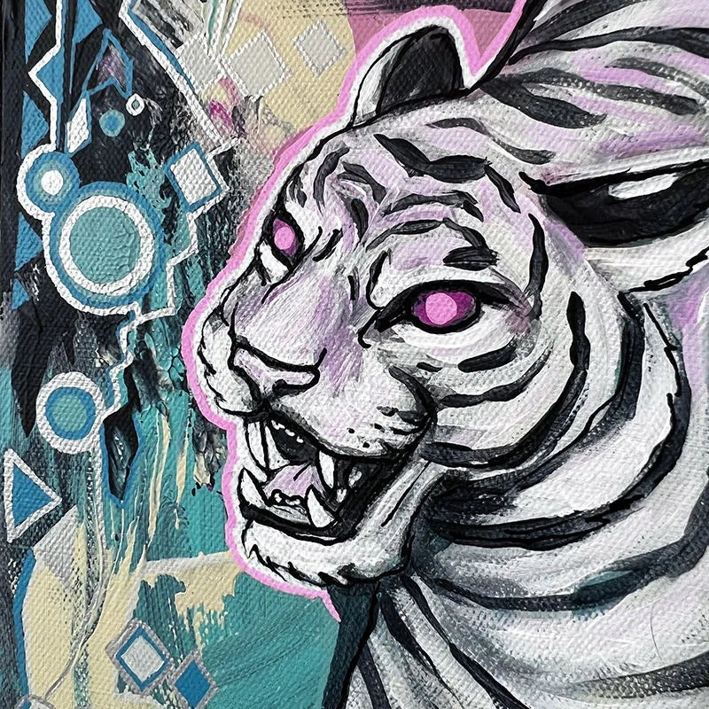 Close-up of a stylized Year of the Tiger painting with pink eyes and a fierce expression, set against a blue and turquoise geometric background.