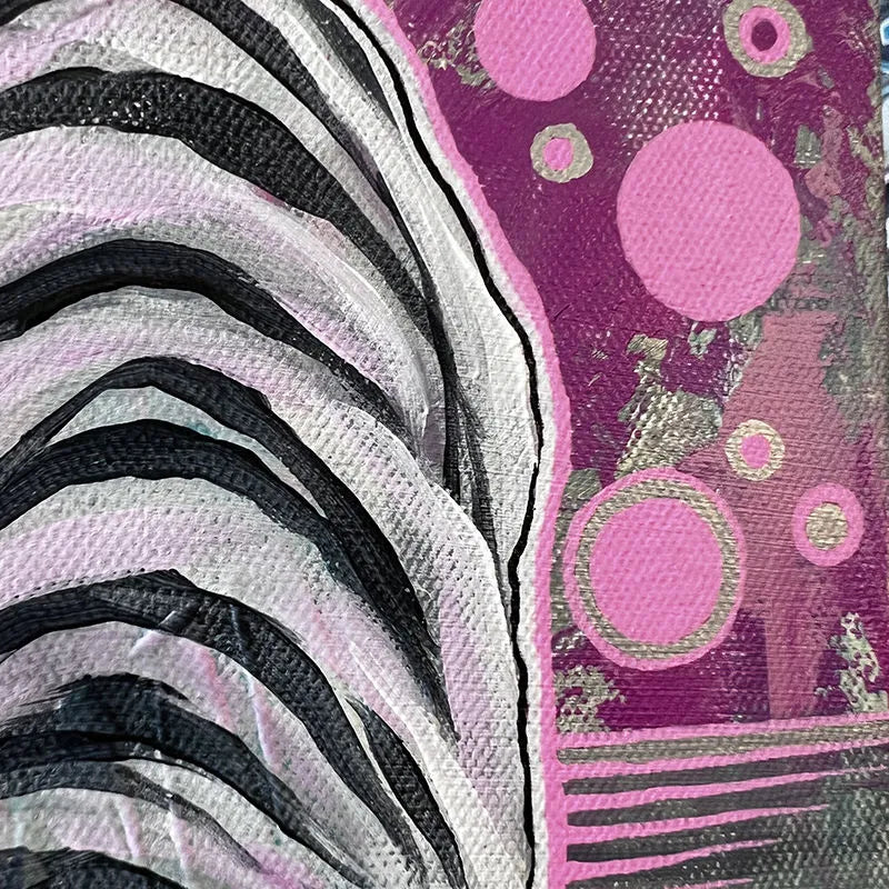 Year of the Tiger Pair - Original Paintings with layered black and white curves on a textured pink background dotted with circles.