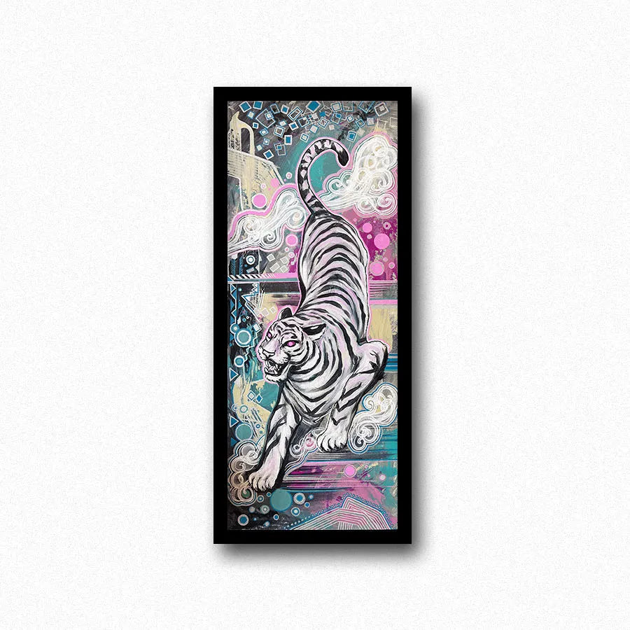 Year of the Tiger Pair - Original Paintings featuring a stylized white tiger against a colorful, abstract background with intricate patterns.
