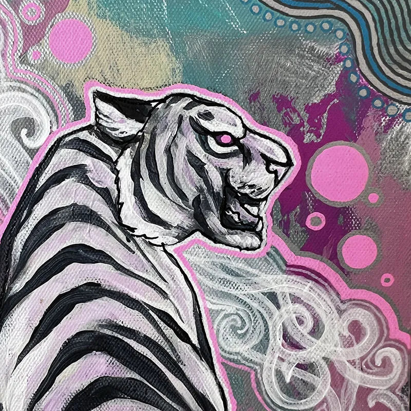A vibrant Year of the Tiger Pair - Original Painting, depicting a white tiger with bold black stripes, set against a colorful abstract background with pink and turquoise elements.