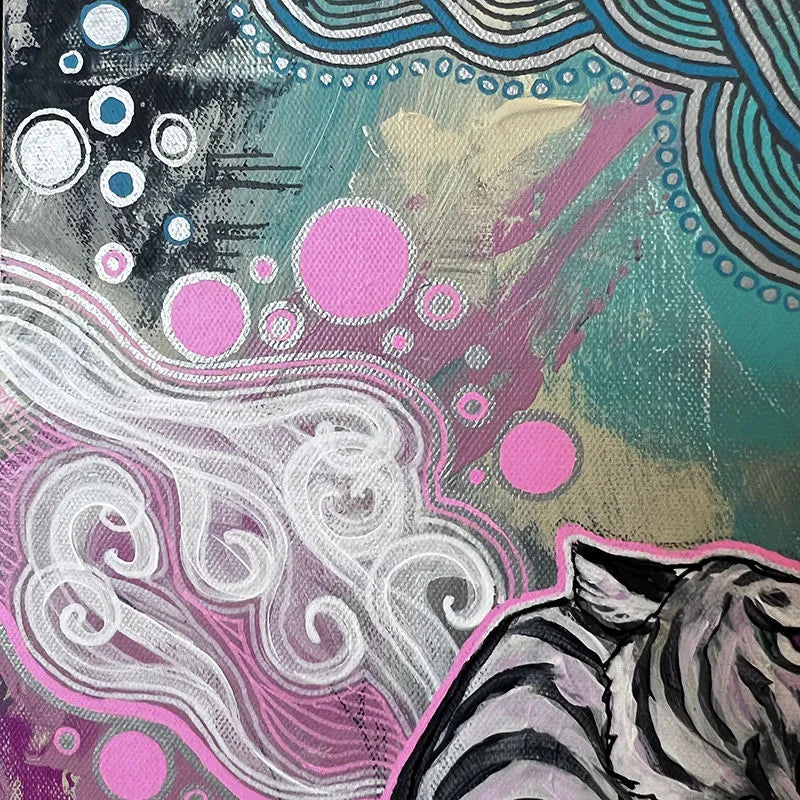 Year of the Tiger Pair - Original Paintings featuring teal and pink colors with intricate patterns, a crescent shape