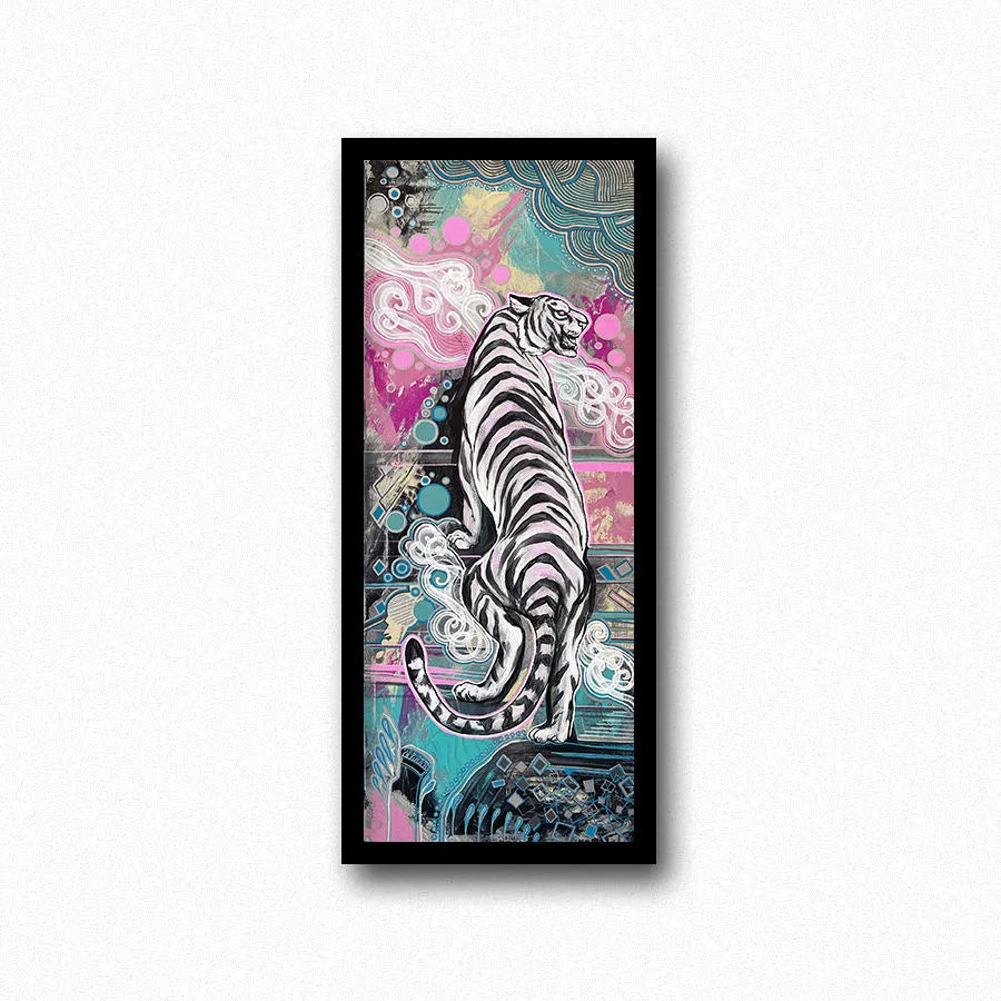Year of the Tiger Pair - Original Paintings featuring a stylized white tiger with black stripes climbing amidst a colorful, ornate background of abstract and floral patterns, framed in black.