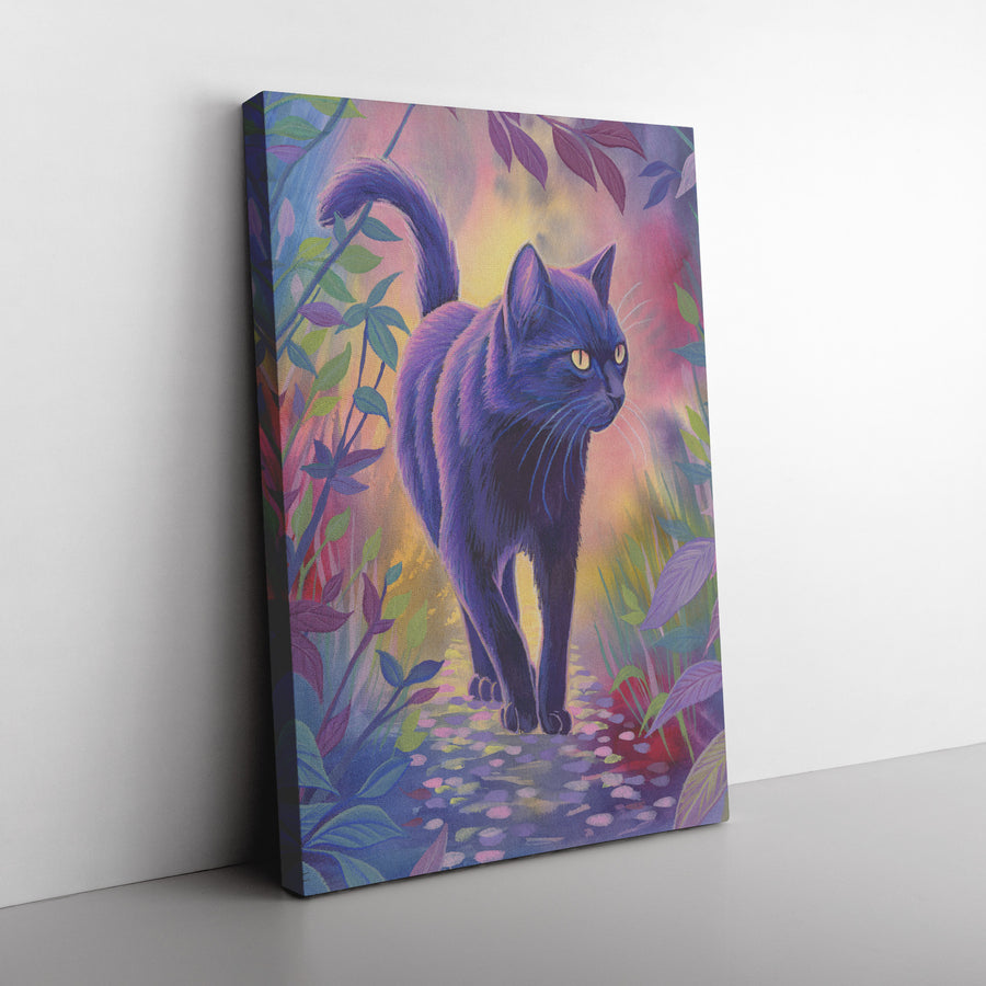 Canvas Art Print of a dark purple cat walking through a colorful forest, displayed on a white wall.