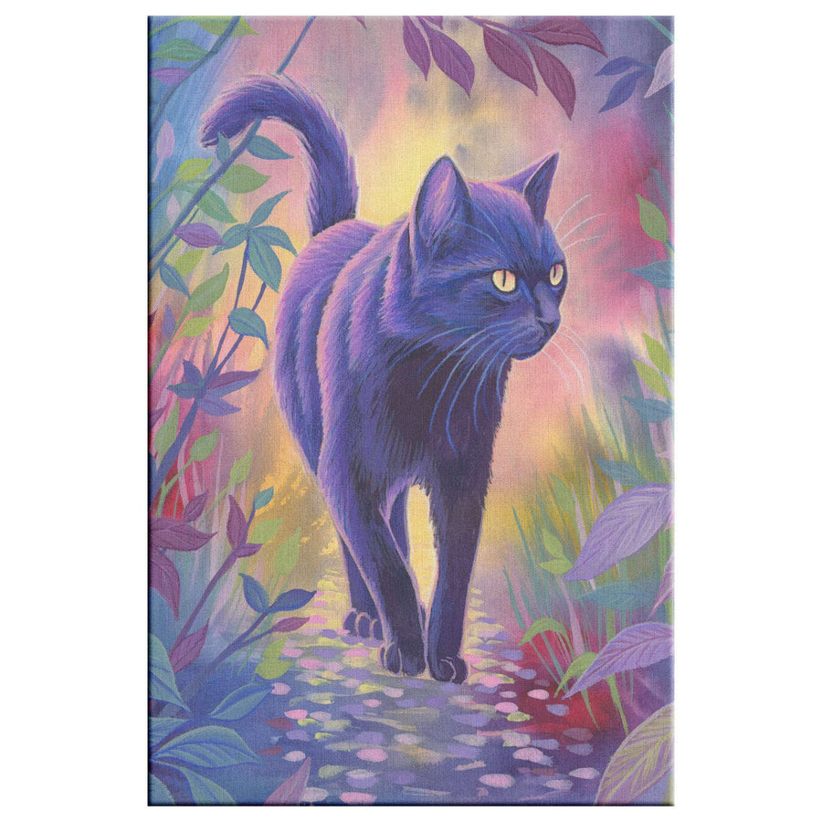 Canvas Art Print of a purple cat walking through a colorful, leafy forest with dappled sunlight on the ground.