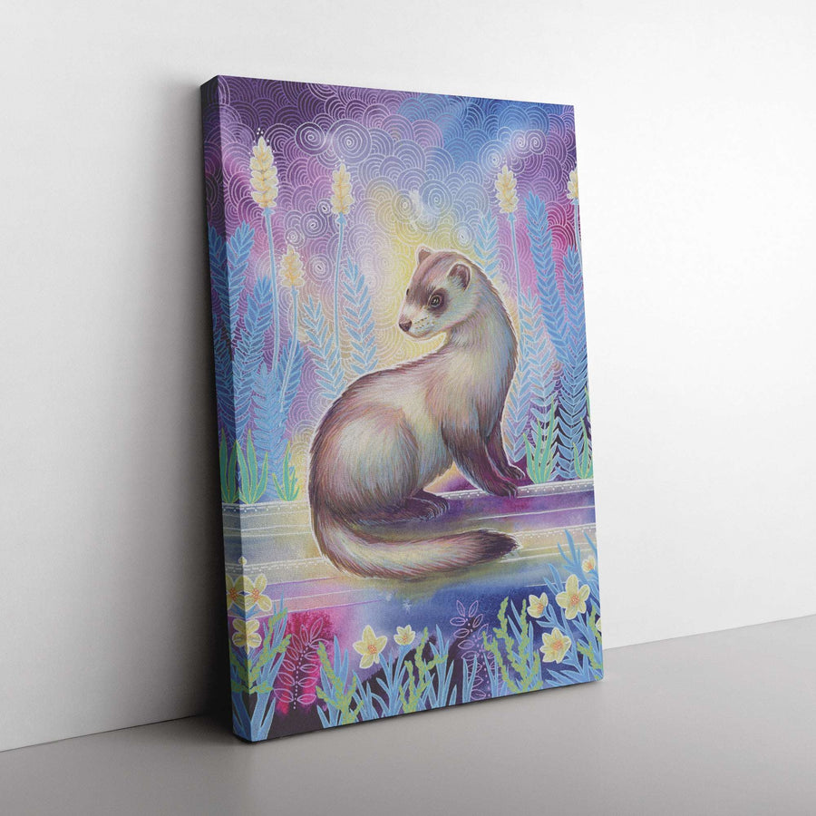 Canvas Art Print of a ferret sitting among flowers with a decorative, swirled background in pastel shades.