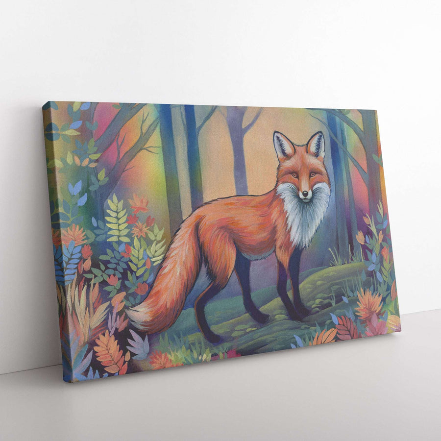 A vibrant Canvas Art Print of a fox in a colorful forest displayed on a canvas on a white wall.