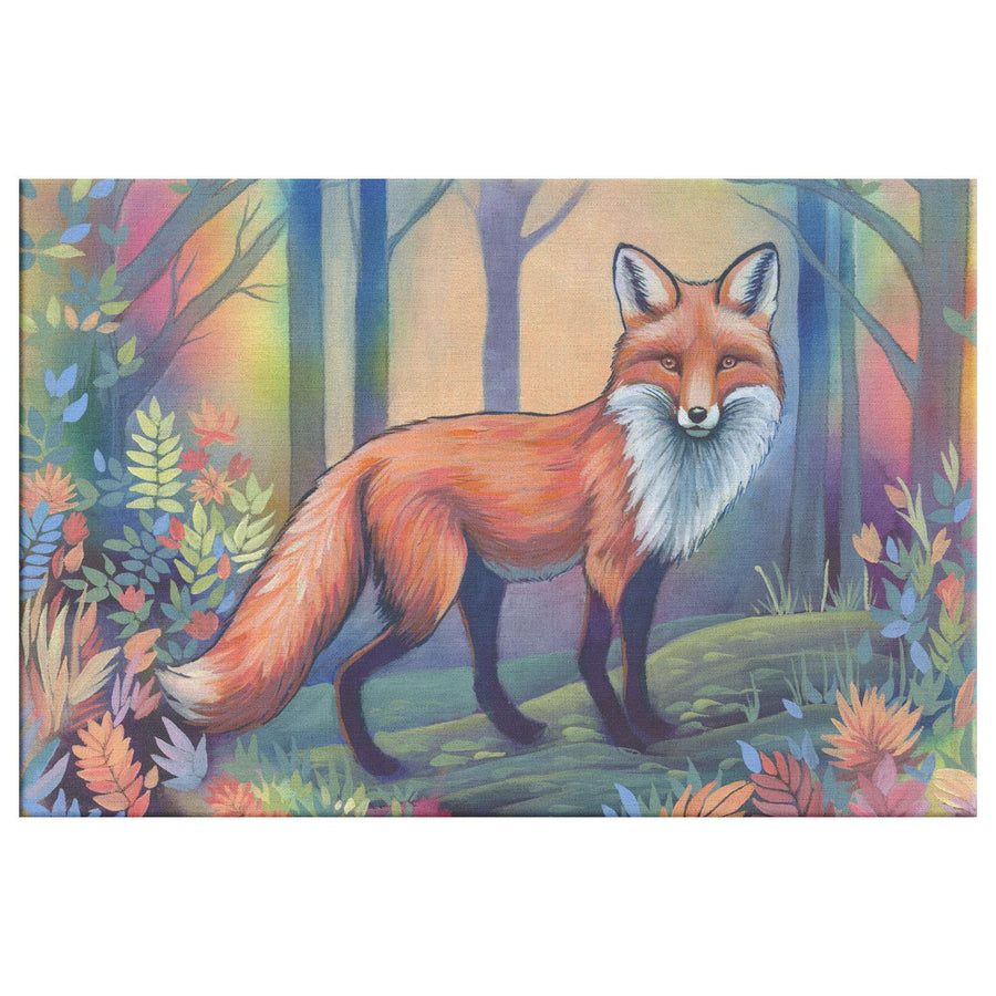 A vibrant Canvas Art Print of a fox standing in a colorful forest with autumn leaves and various flora.