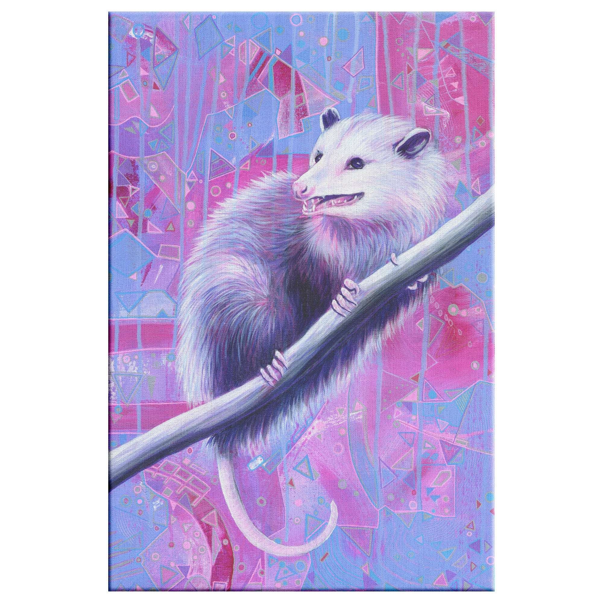 An illustration of a white opossum clutching a branch, set against a detailed pink and blue geometric background