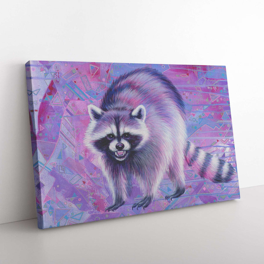 Canvas Raccoon Art Print depicting a stylized pink and violet raccoon against a geometric patterned background.