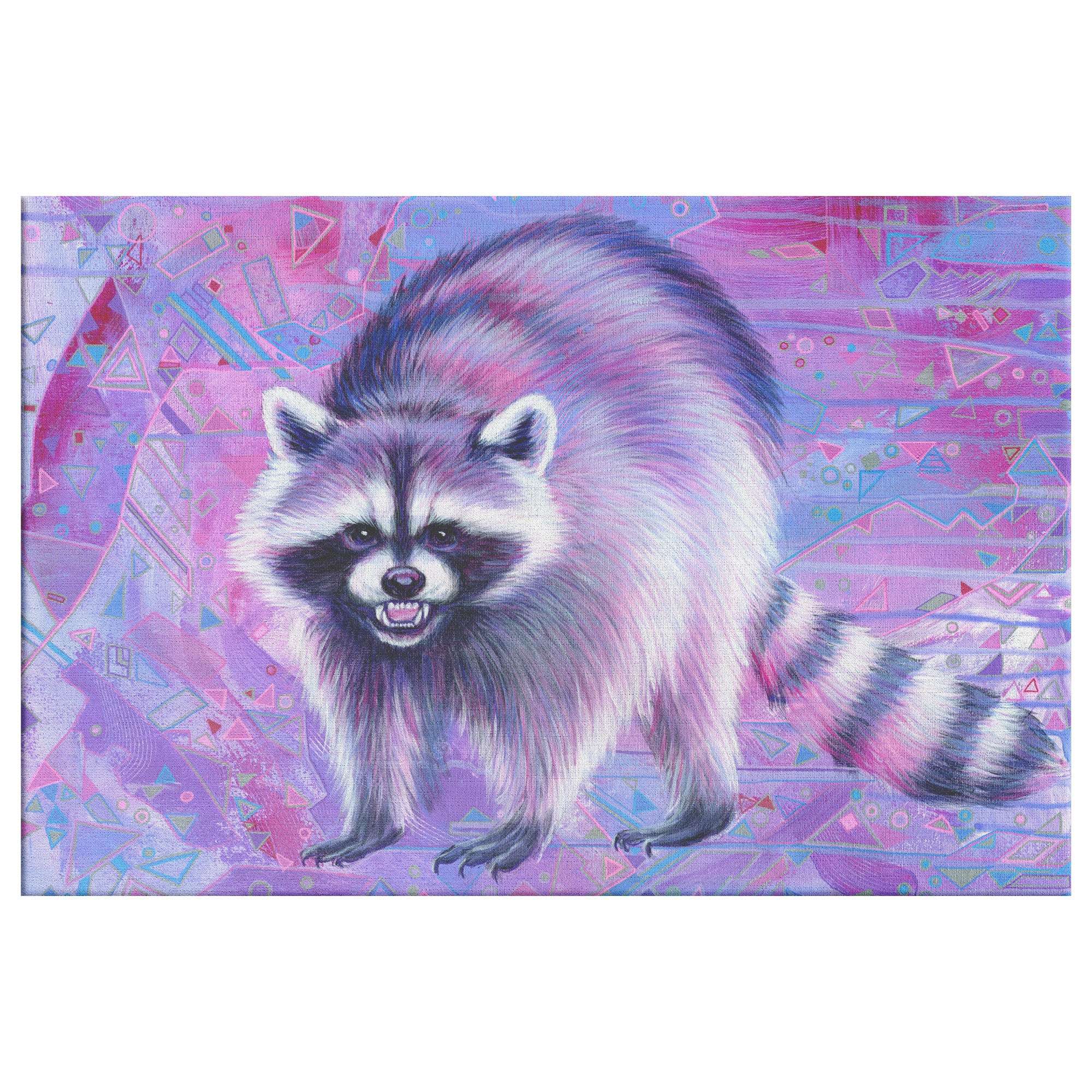 A Canvas Raccoon Print featuring a colorful illustration of a raccoon on a vibrant, purple-toned abstract geometric background.
