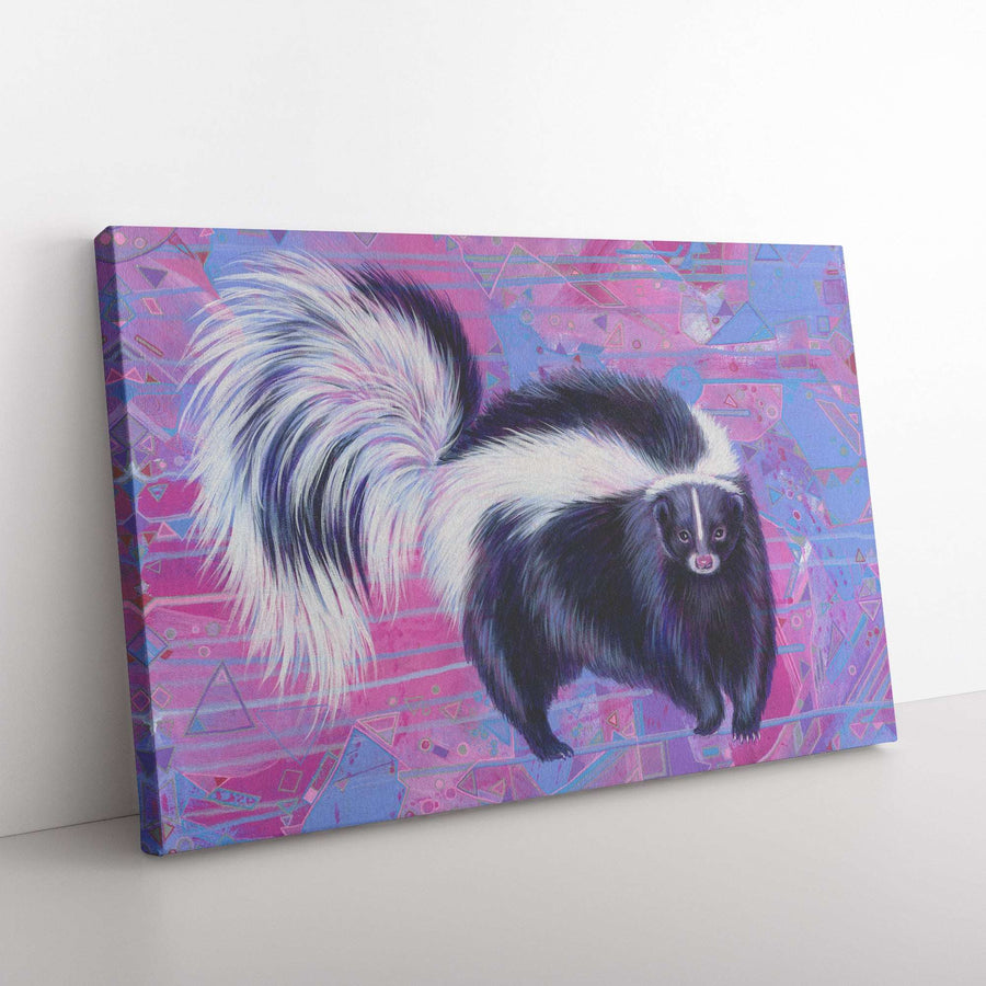 Colorful Canvas Skunk Art Print, depicted against a vibrant pink and blue geometric background.