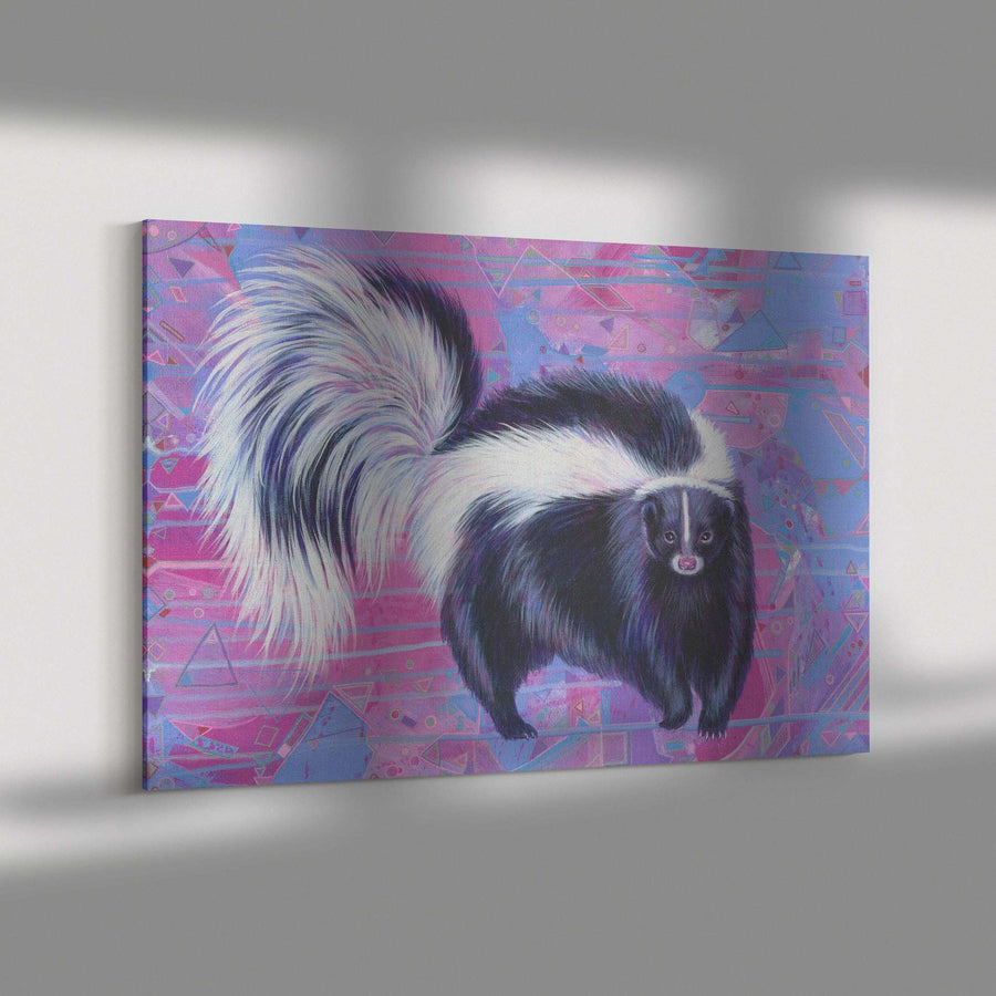 A Canvas Skunk Print featuring a stylized skunk on a vibrant, geometric patterned background, mounted on a wall in a gallery setting.