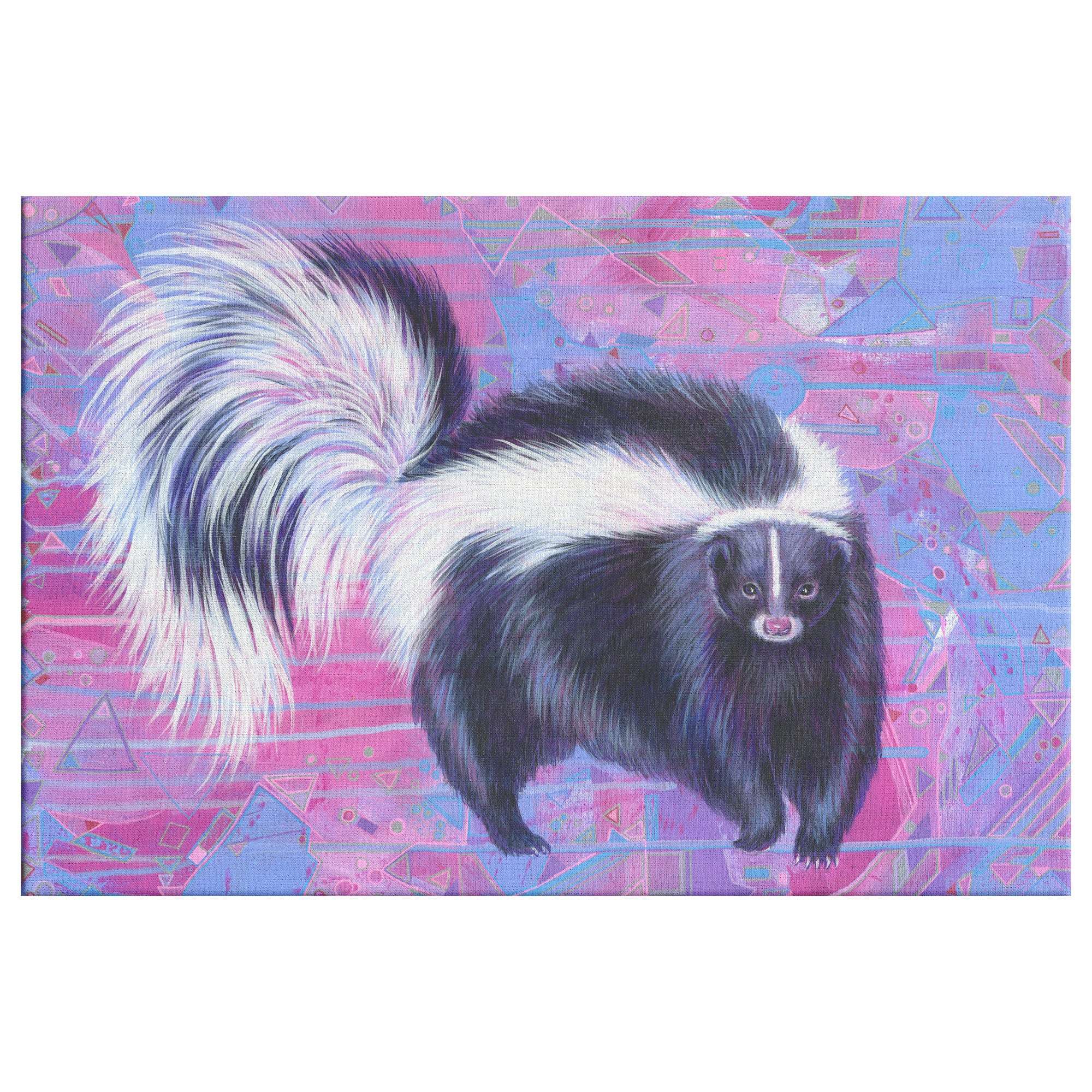 A colorful Canvas Skunk Art Print with a fluffy white and black tail on a vivid pink and purple geometric background.