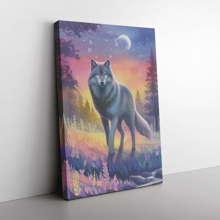 Colorful Canvas Art Print of a wolf standing in a vibrant forest at twilight under a crescent moon, displayed on a white wall.