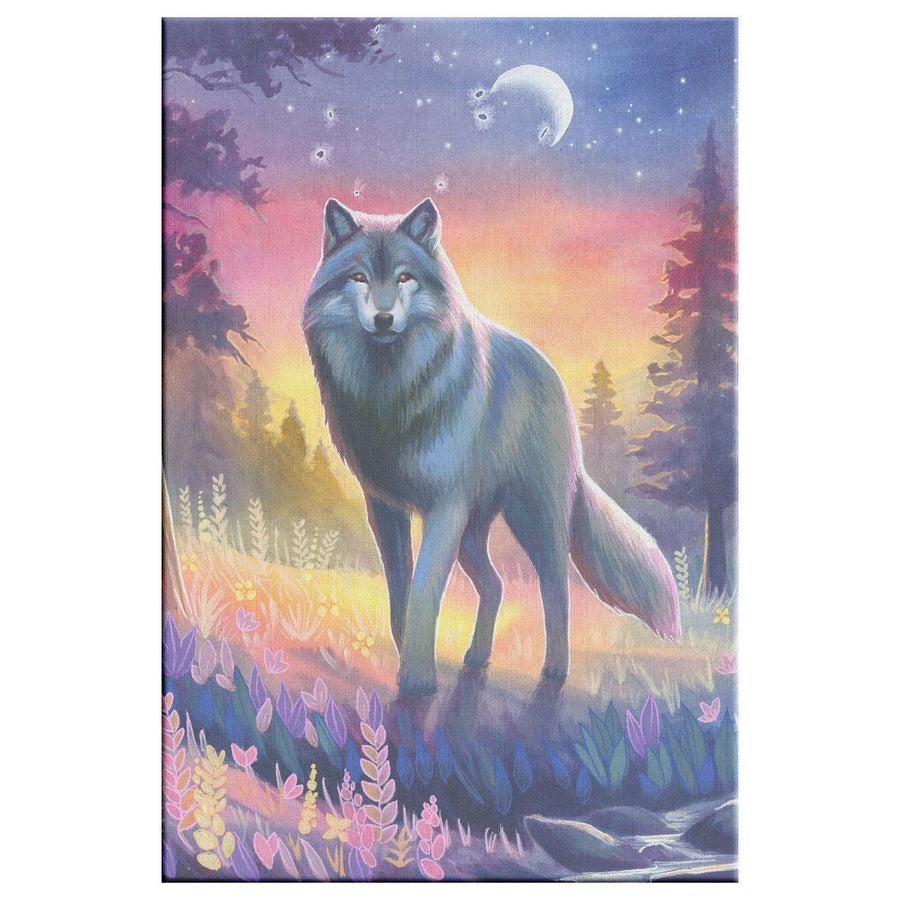 A Canvas Wolf Art Print of a wolf standing in a vibrant, colorful meadow at twilight, with a crescent moon and stars above.