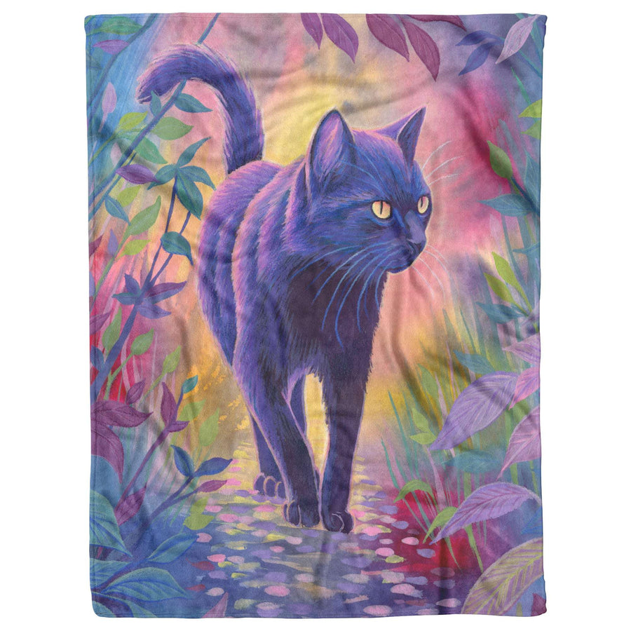 A vibrant illustration of a black cat walking through a colorful garden with green, pink, and purple foliage on the Cat Blanket.