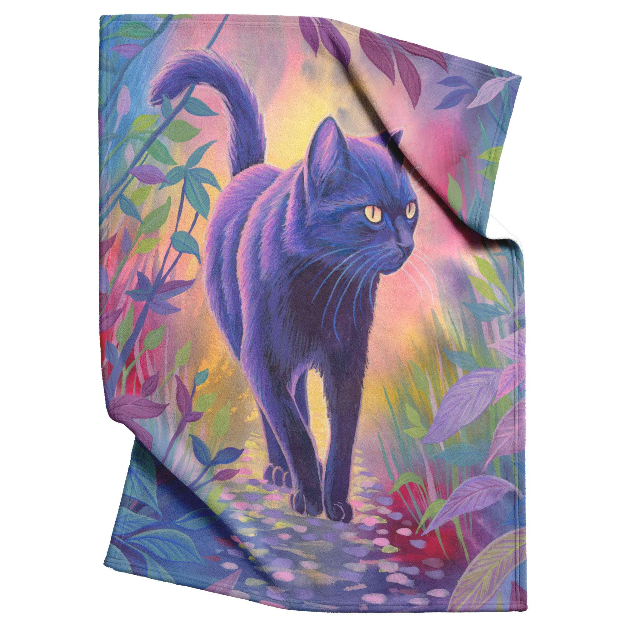 Blanket with a Black Cat walking through a colorful, mystical forest with sunlight filtering through leaves.