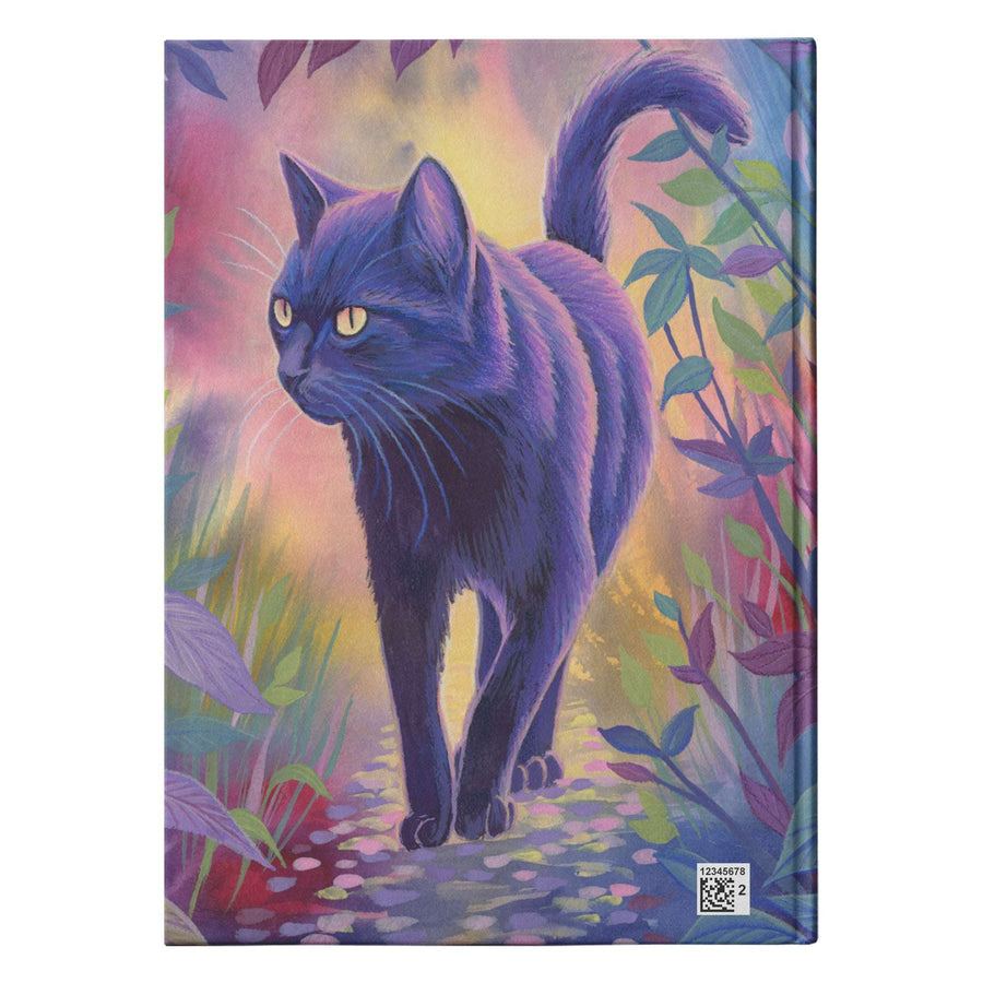 Back view of a Cat Journal showing a black cat walking confidently through a colorful garden with leaves and flowers, rendered in vibrant hues.