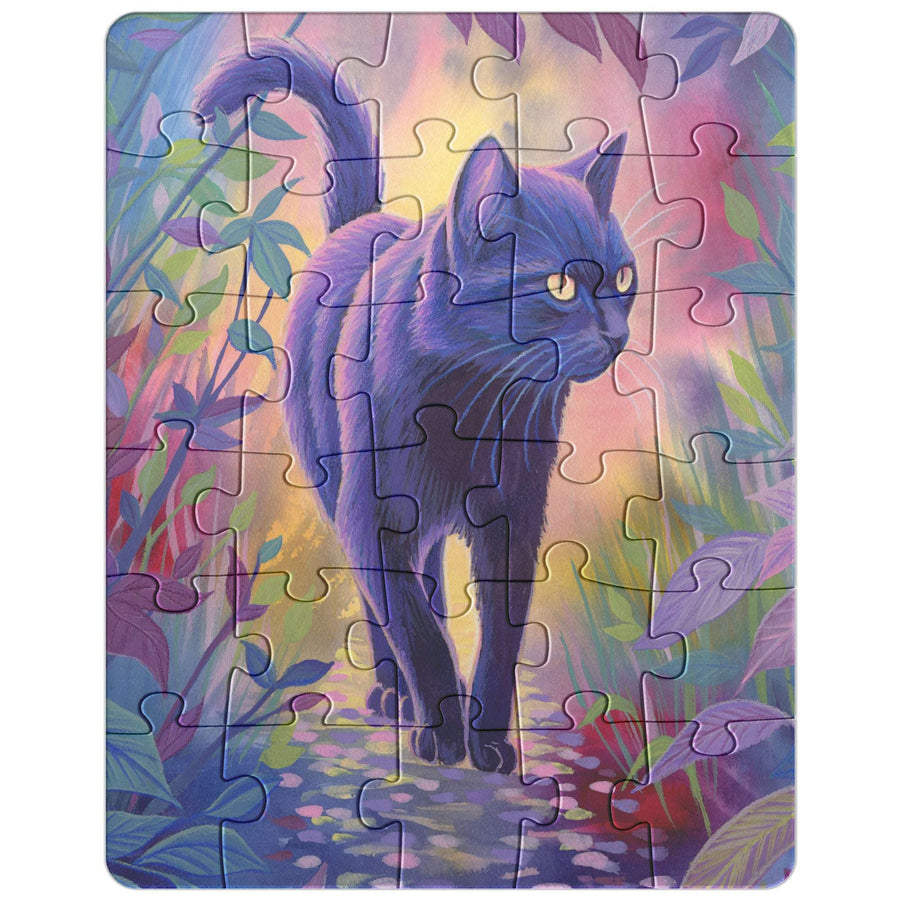 Cat Puzzle featuring an illustration of a black cat walking through a colorful garden, with vines and flowers around.