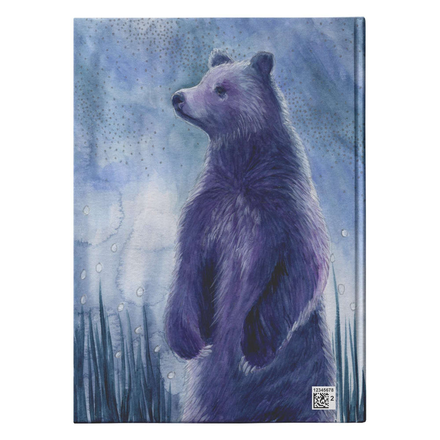 A watercolor illustration of a standing bear in a grassy area, looking upwards under a starry night sky.