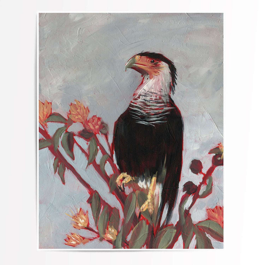 Art print of an acrylic painting of a Mexican eagle, caracara bird perched among blooming flowers.