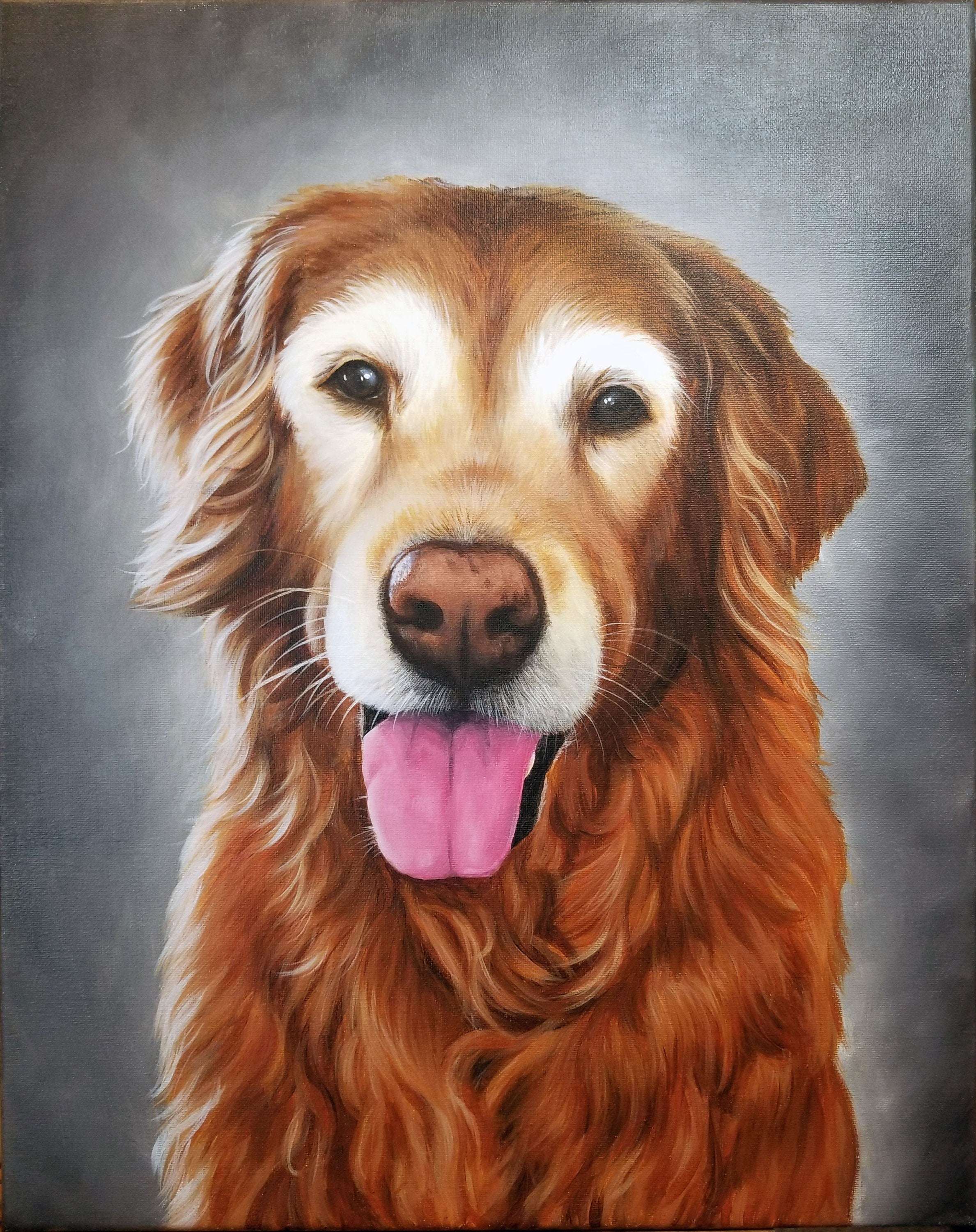 Realistic acrylic pet portrait painting of a happy golden retriever with its tongue out, set against a grey background.