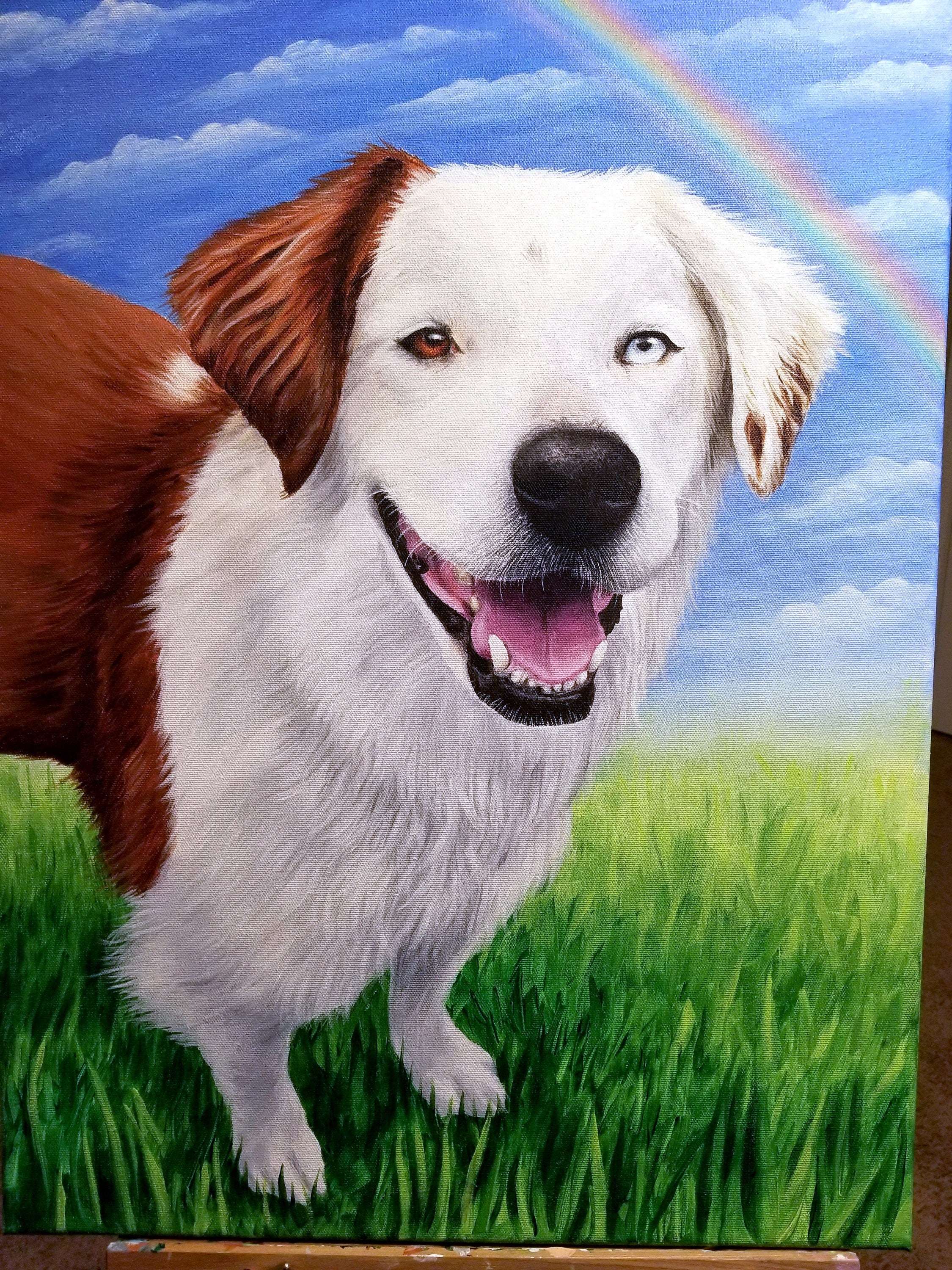 Joyful memorial pet portrait painting of a white and brown dog in a grassy field with a rainbow bridge in the sky.