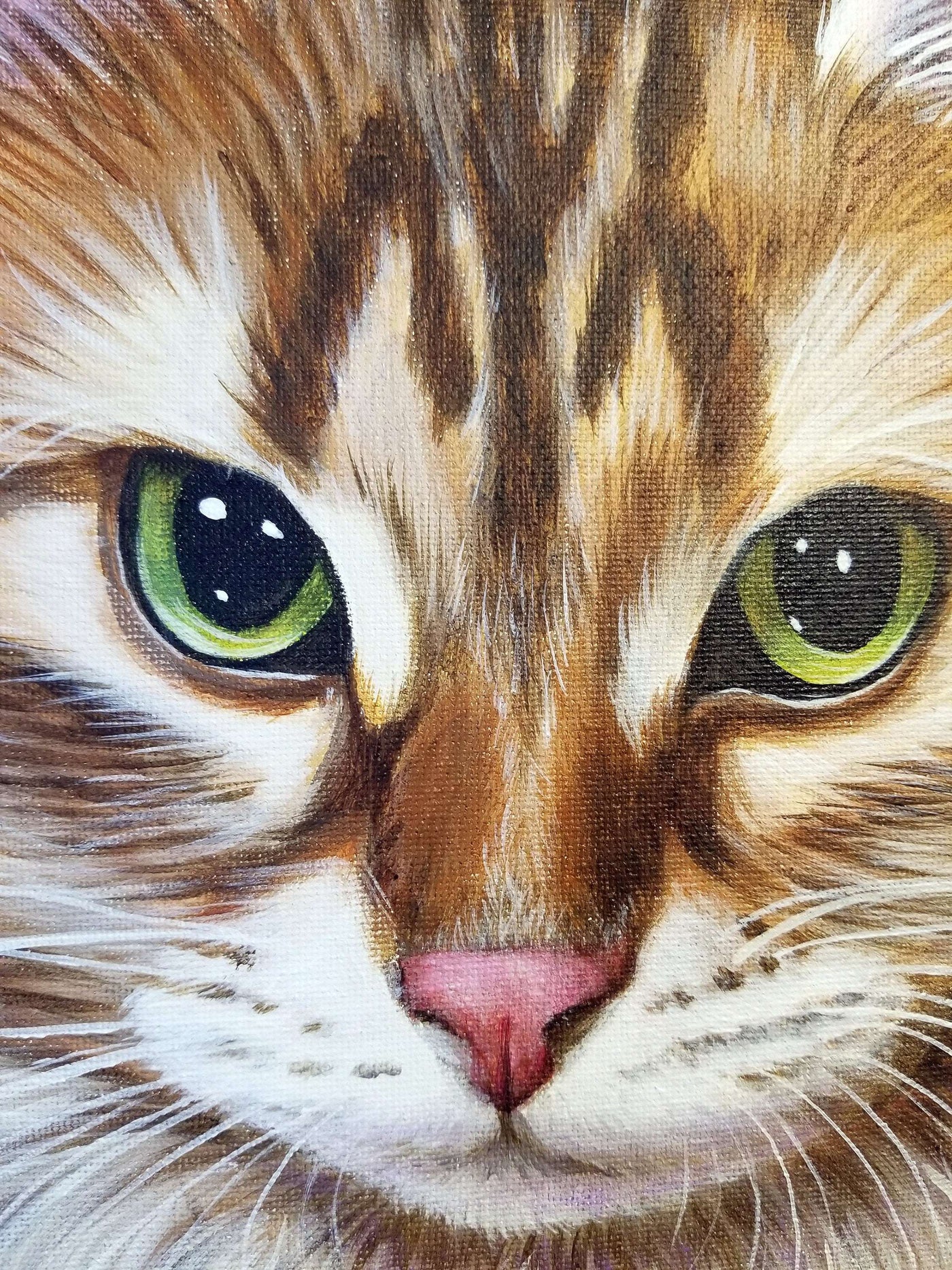 Close-up of a tabby cat's face from a pet portrait painting, highlighting intricate details in the fur and eyes.