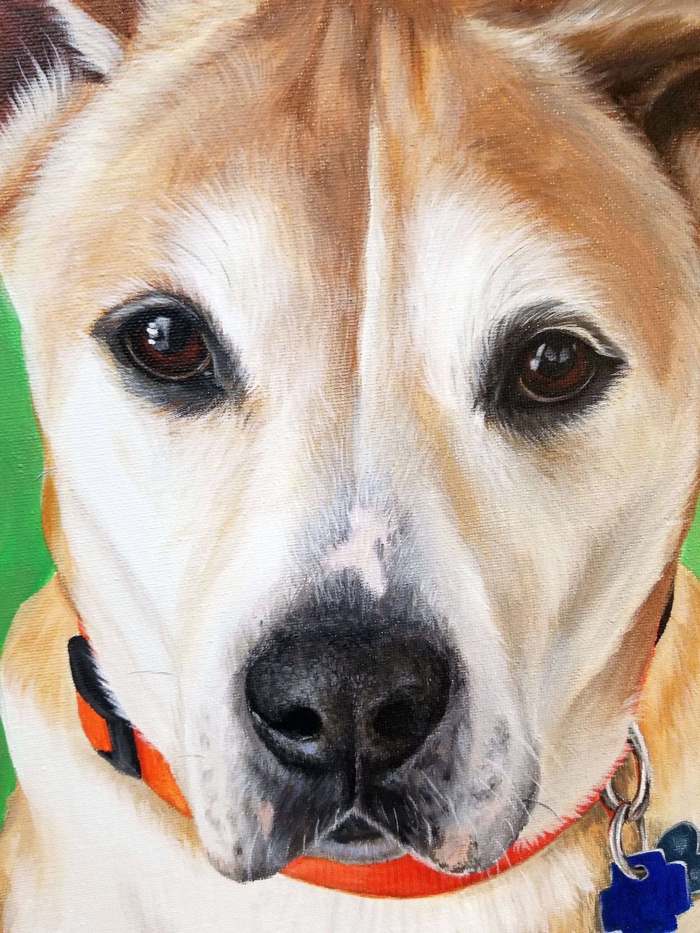 Close-up of a dog's face from a pet portrait painting, capturing the soulful eyes and detailing around the nose.