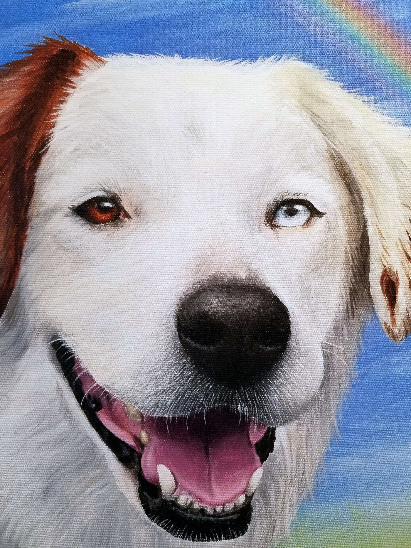 Detailed portrait painting of a dog with a red collar against a blue background, showcased on an easel.