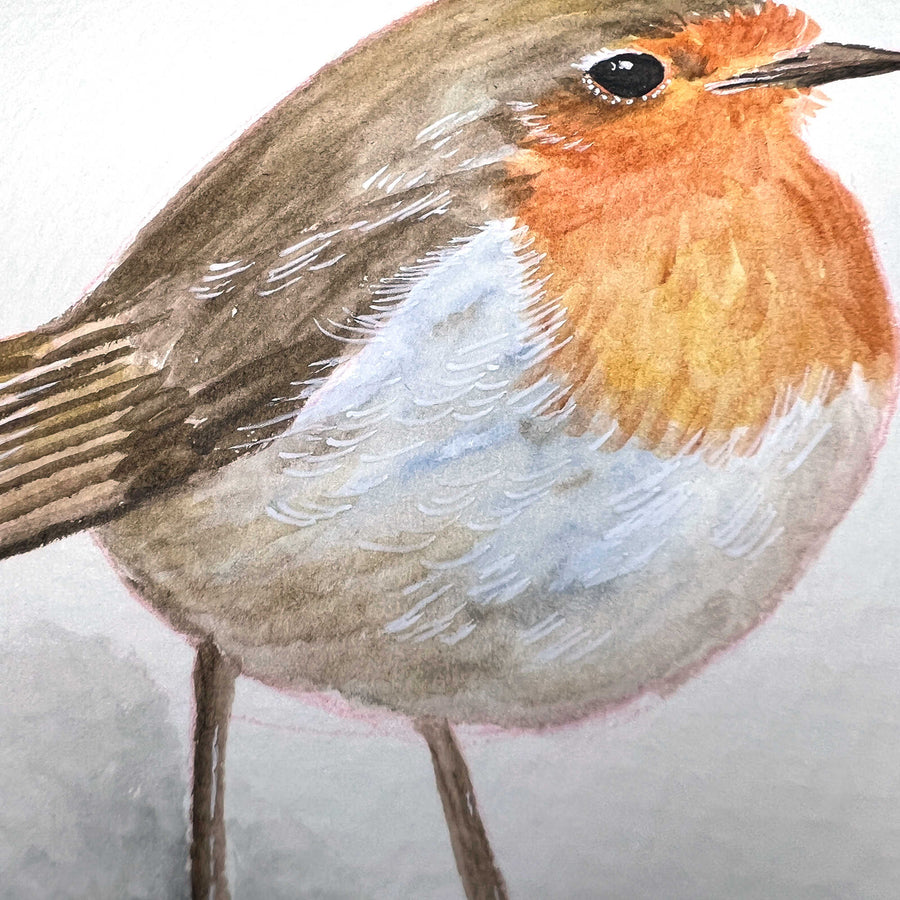 Detailed close-up of a watercolor robin portrait, showcasing delicate feather textures.