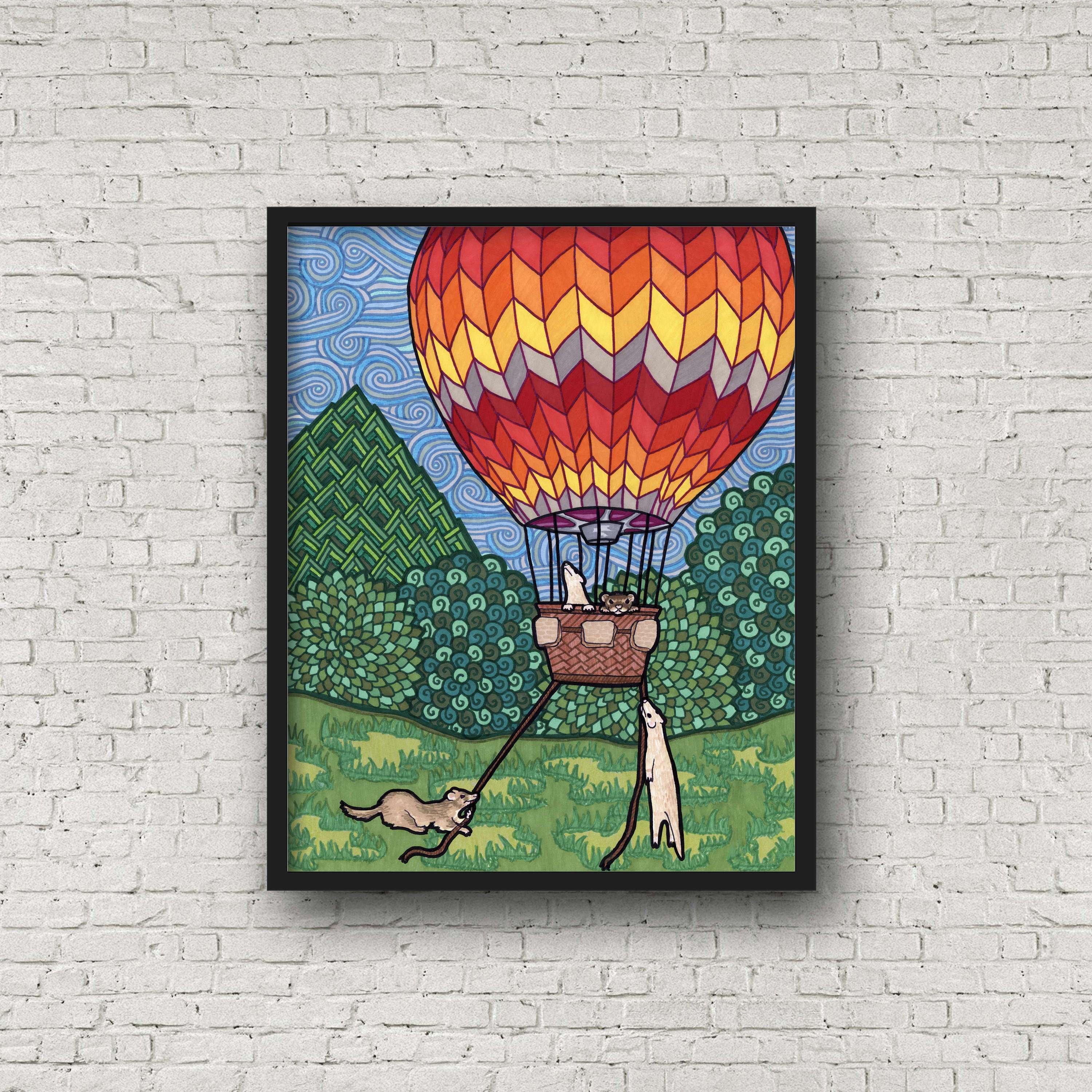 Playful ferret art print of a hot air balloon ferret artwork displayed on a brick wall.