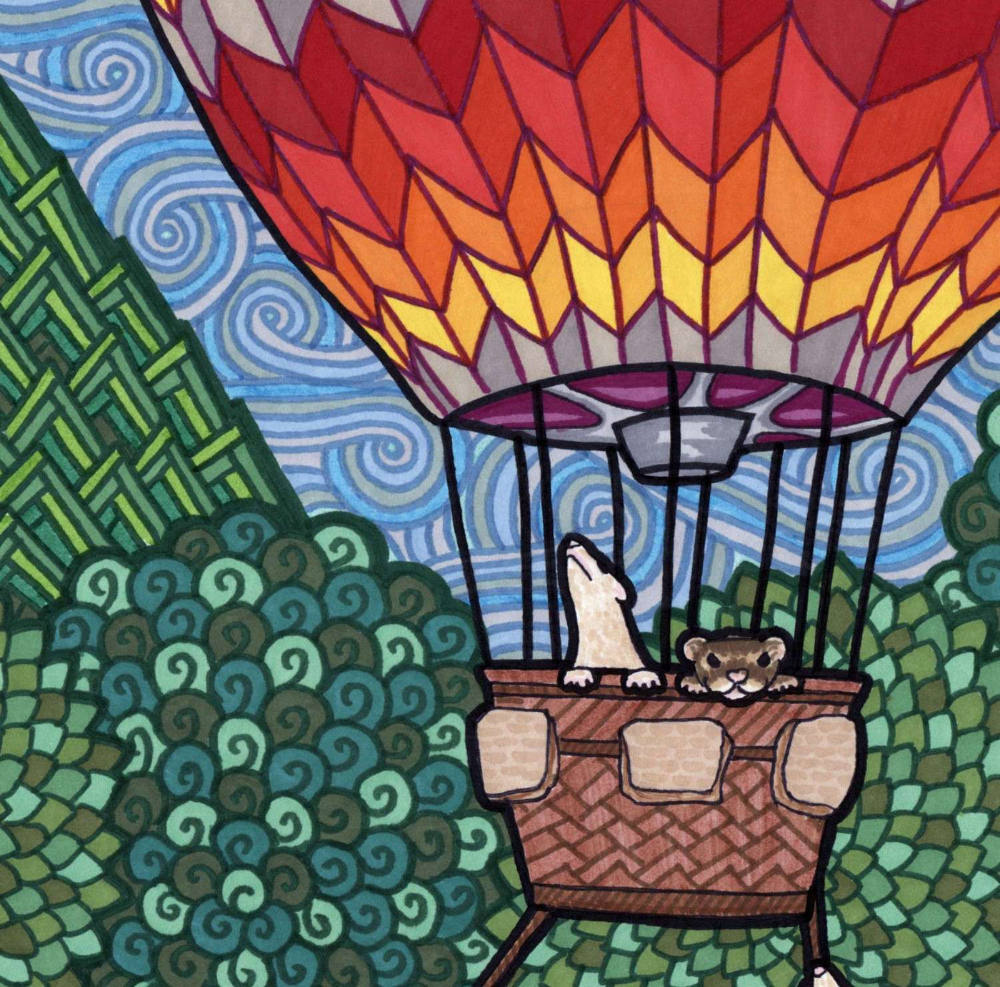 Close-up illustration of ferrets in a hot air balloon basket with vibrant patterns in an imaginative setting.