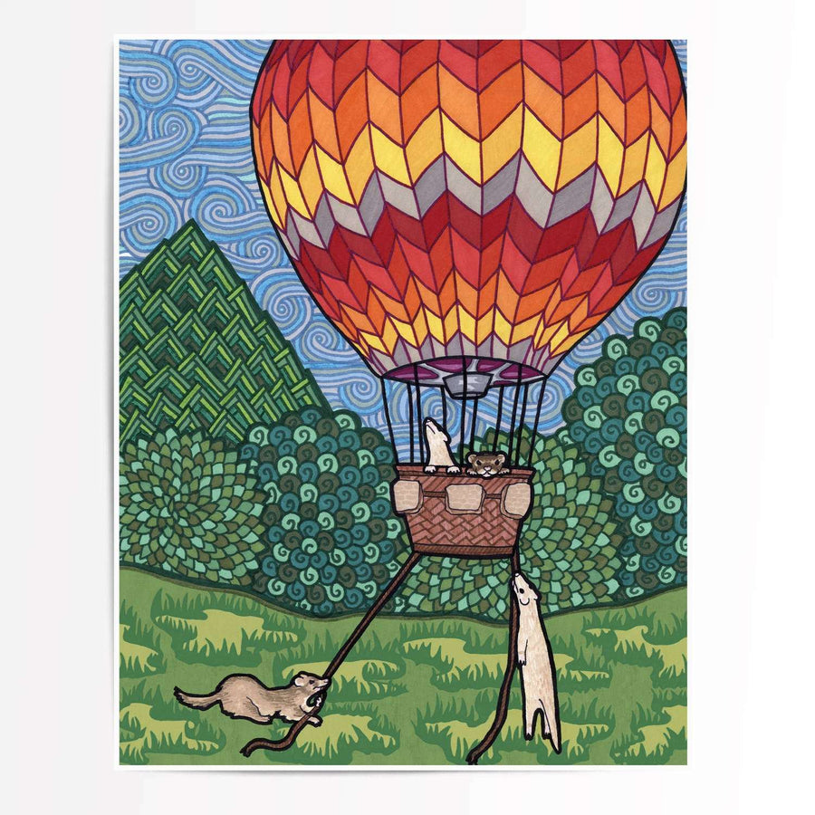 Ferret art print of a hot air balloon with whimsical patterns and ferrets on a bright illustrated landscape.