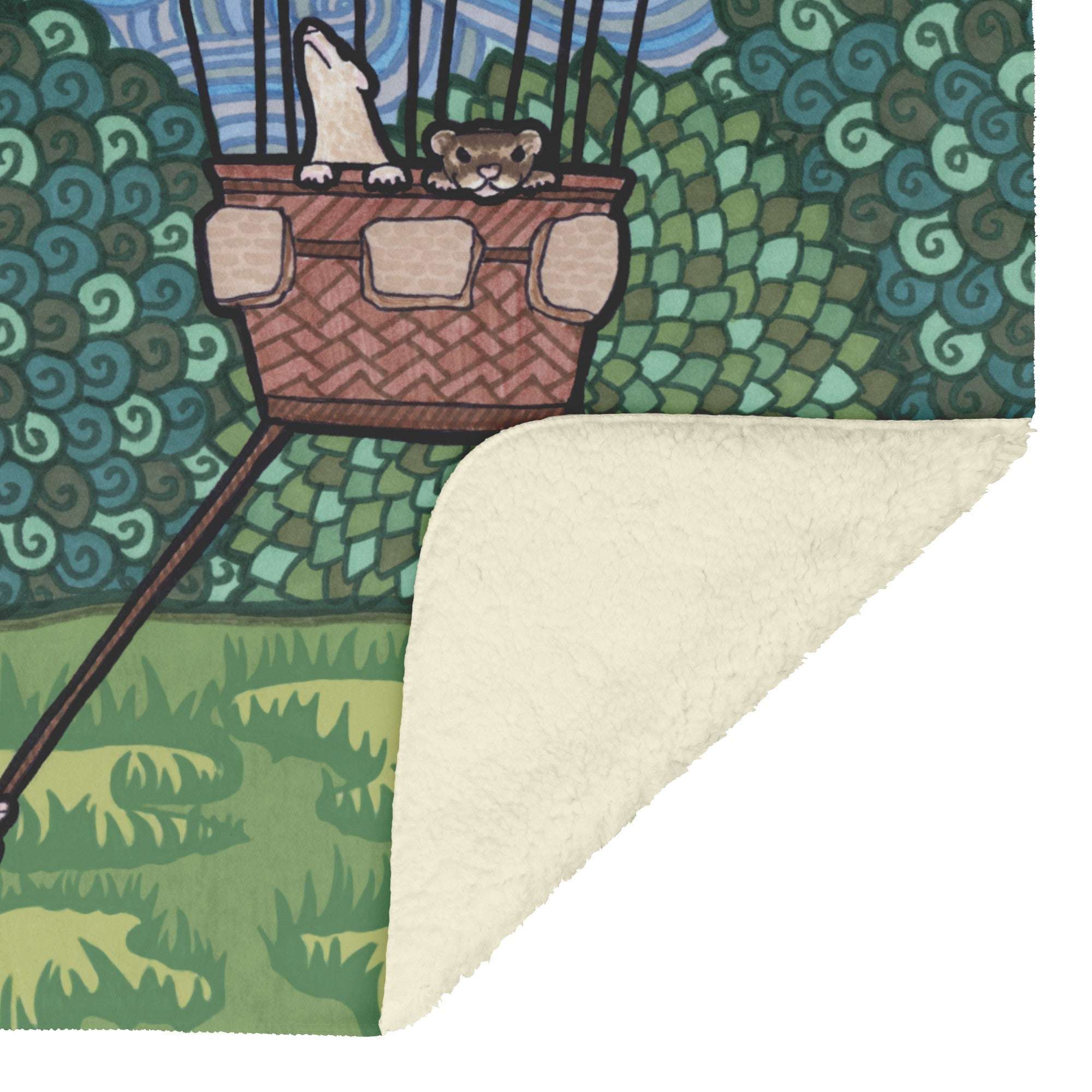 Illustration of ferrets inside a hot air balloon on a Ferret Flight Blanket, with one corner showing the sherpa fleece backside.