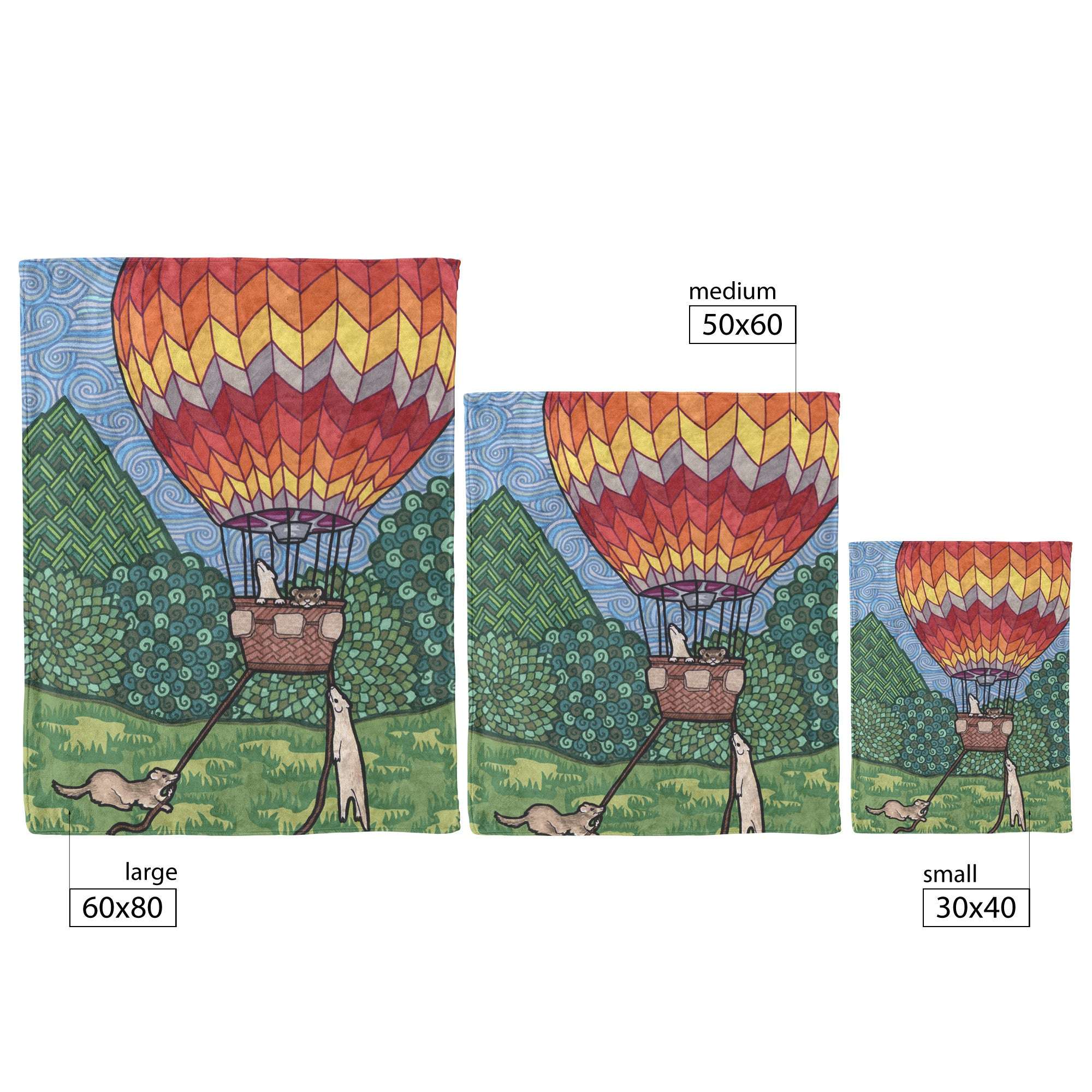 Three Ferret Blankets with ferrets in a hot air balloon, in varying sizes marked: large (60x80), medium (50x60), and small (30x40).