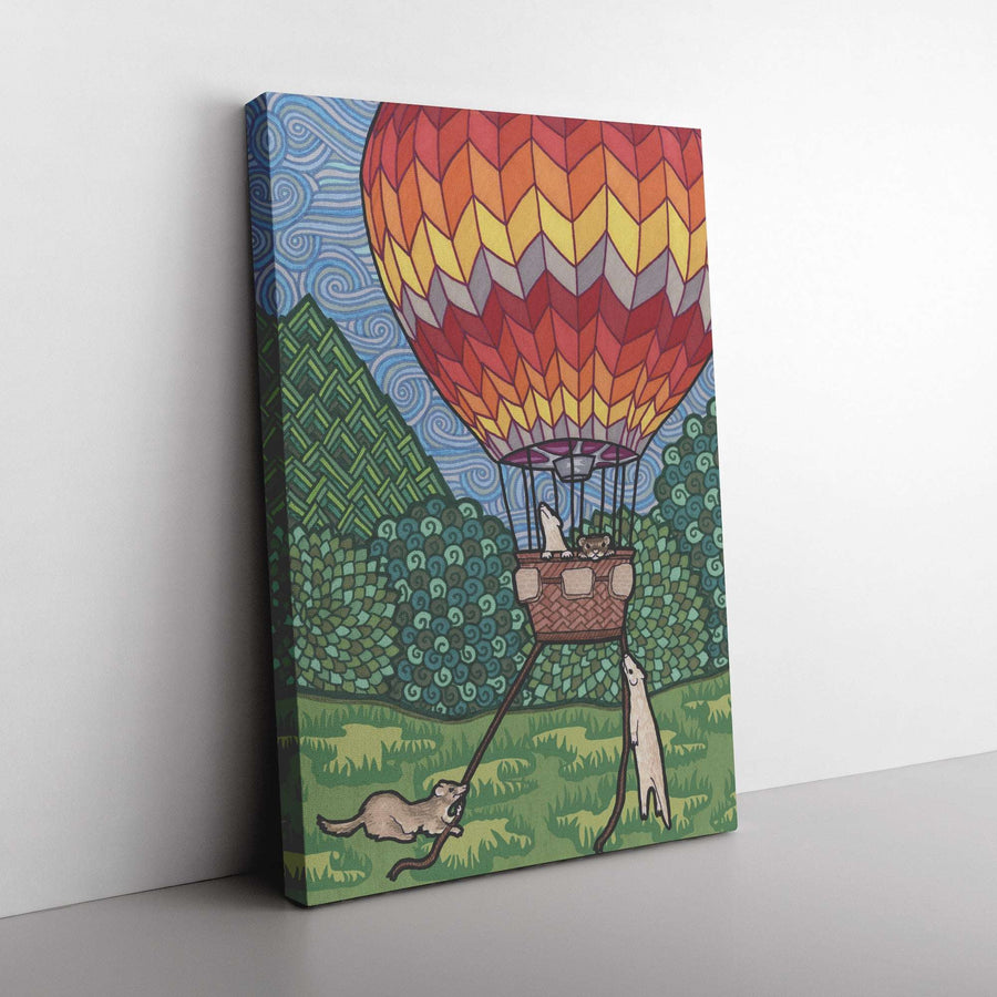 Ferret Canvas Art Print of a colorful hot air balloon over green hills with ferrets in the basket, displayed on a white wall.