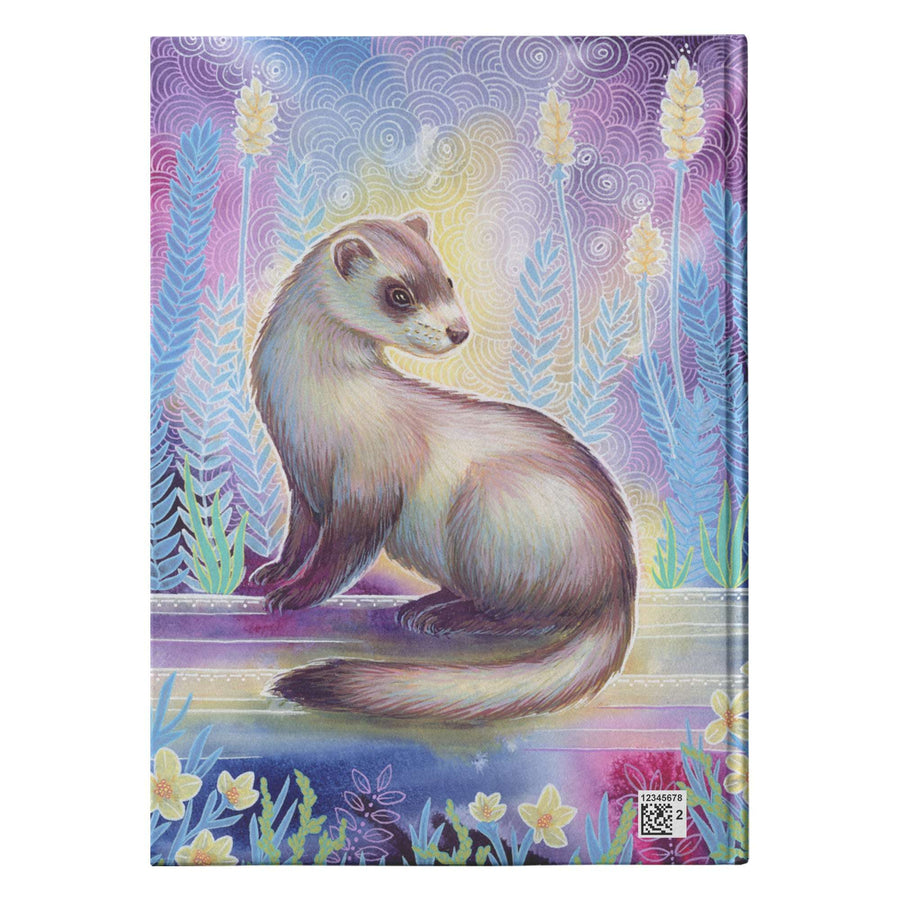 Ferret Journal: Illustration of a ferret on a colorful, patterned background with intricate plant motifs and radiant swirls.