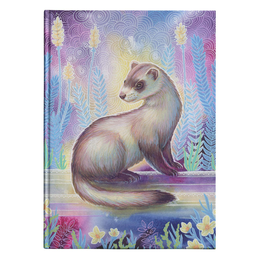 Illustration of a Ferret sitting, surrounded by vibrant, stylized plants and a colorful, swirling sky, printed onto the cover of a Ferret Journal.