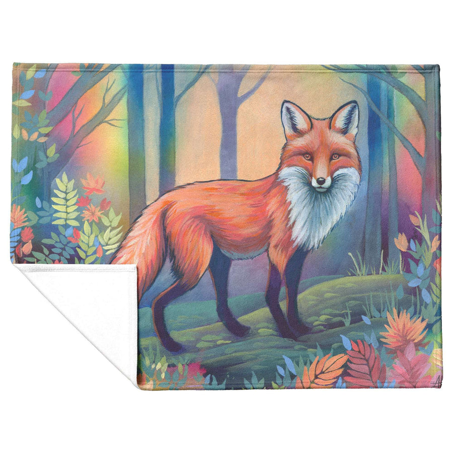 A vibrant illustration of a fox standing in a colorful forest printed on a Fox Blanket.
