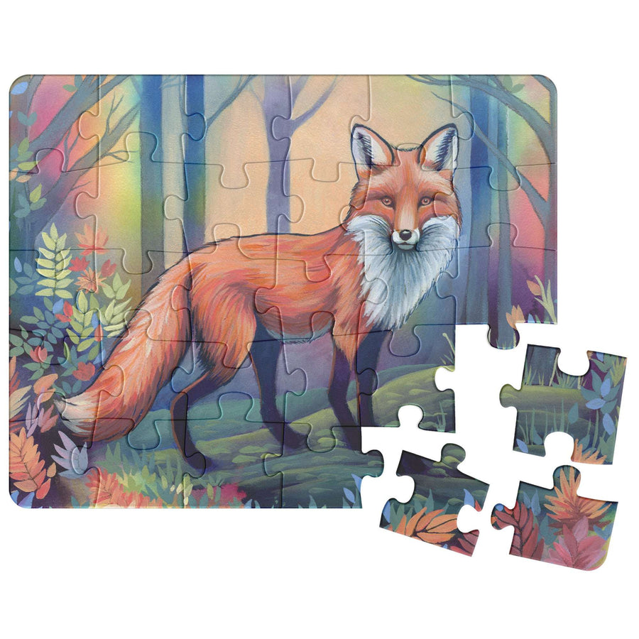 Fox Puzzle with a vibrant illustration of a fox standing in a forest, partially completed with a few pieces detached.