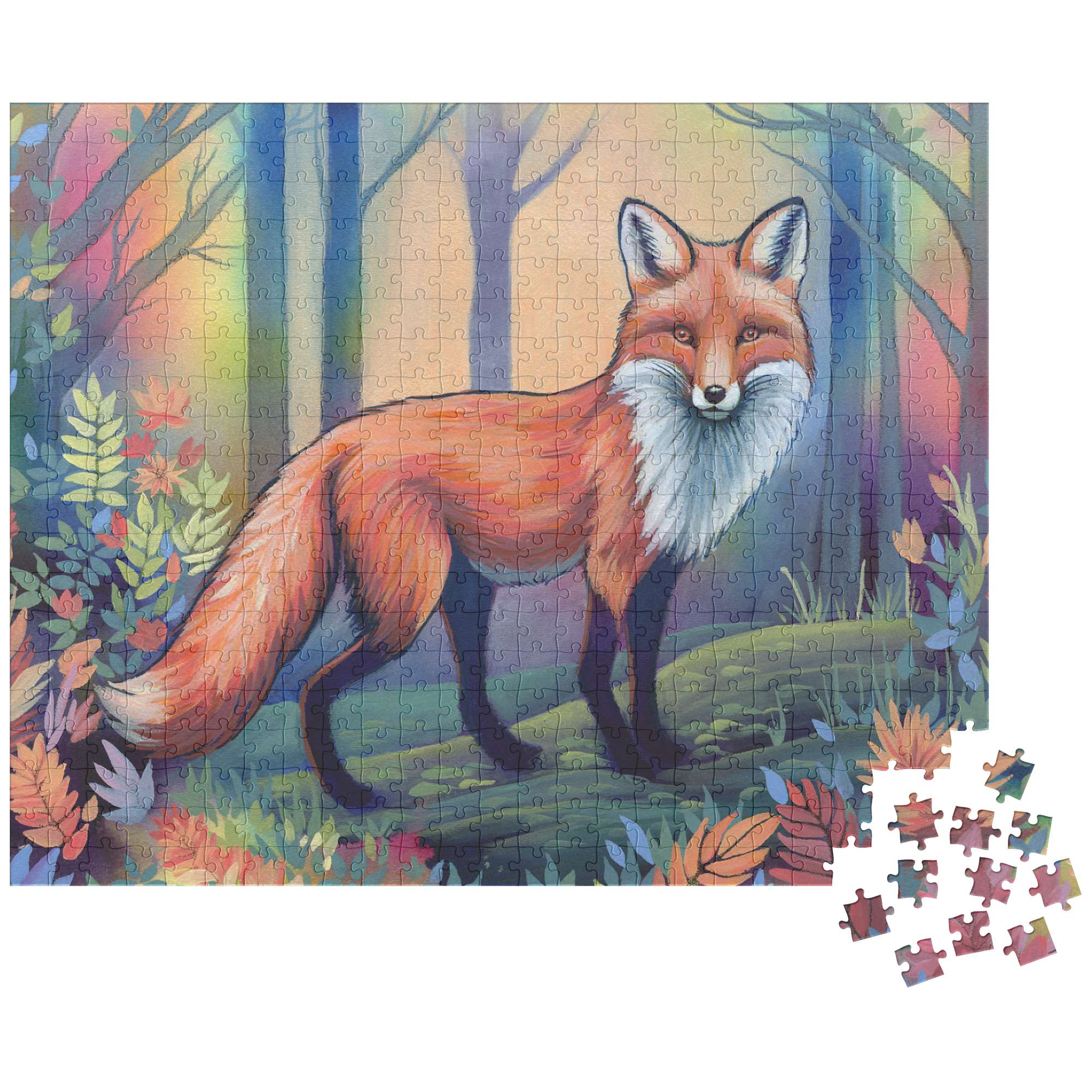 A 500 piece Fox Puzzle depicting a fox in a colorful forest, partially completed with loose pieces nearby.