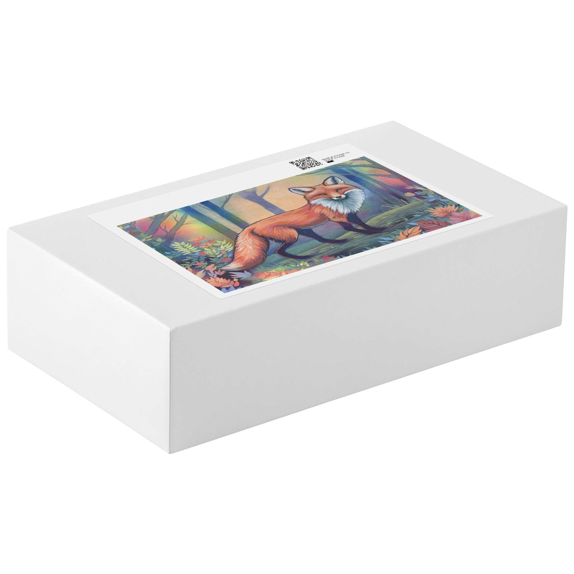 A white puzzle box displaying a vibrant illustration of the Fox Puzzle on it.