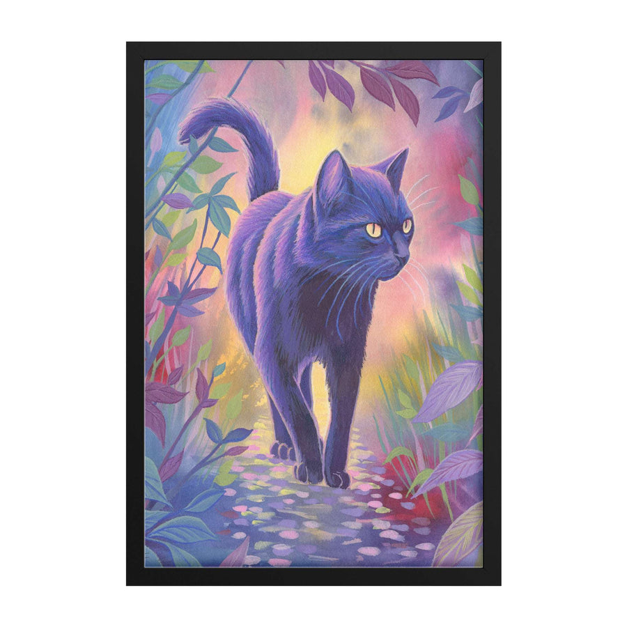 A vibrant Framed Cat Art Print of a black cat walking on a pebbled path surrounded by colorful, lush foliage under a rainbow-tinted sky.